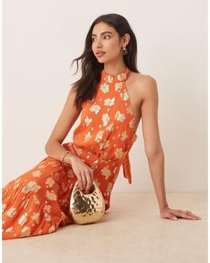 Maya Floral Halter Neck Tiered Midaxi Dress - Orange