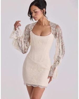House Of Cb Aliana Vintage Ivory Lace Long Sleeve Mini Corset Dress - Natural