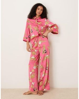 Chelsea Peers Satin Batwing Revere Pyjama Set - Pink