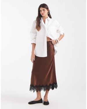 Vero Moda Satin Midi Skirt With Lace Detail Hem - White