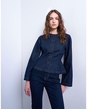 TOPSHOP Denim Peplum Long Sleeve Top - Blue