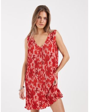 Pieces V Neck Plisse Mini Dress - Red