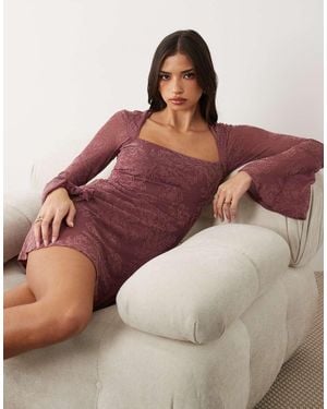 ASOS Flocked Open Square Neck Mini Dress With Flute Sleeve Detail - Brown