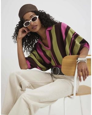 River Island Stripe Batwing Knitted Polo Top - Grey