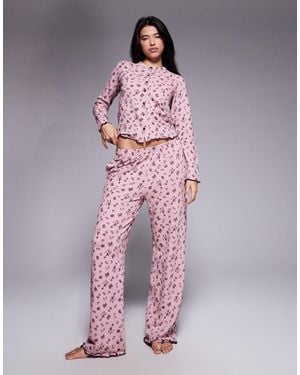 Threadbare Long Sleeve Button Down Ski Print Pajamas - Pink
