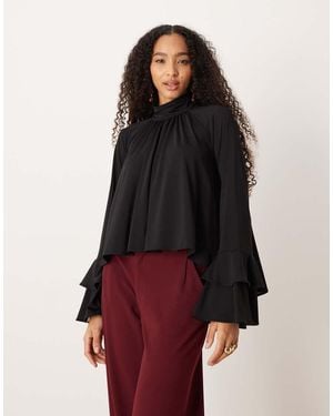 Mango Blusa Negra Con Detalle De Volante De - Negro