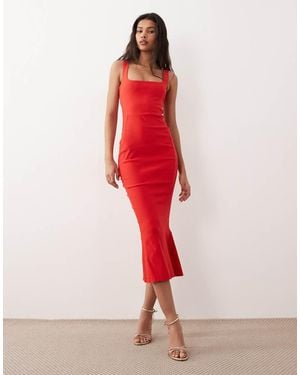 Vesper Bengaline Sleeveless Square Neck Fishtail Midi Dress - Red