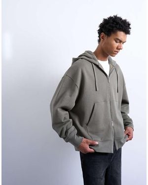 TOPMAN Heavyweight Oversized Zip Through Hoodie - Grey