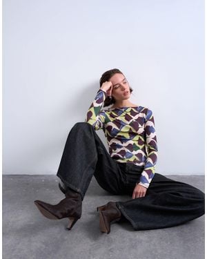 TOPSHOP Microfibre Painted Geo Print Long Sleeve Top - White