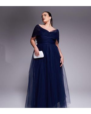 Lace & Beads Plus Maxi Jurk Van Tule Met Strik En Blote Schouder - Blauw