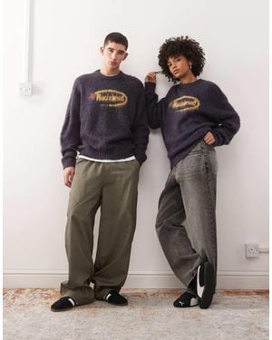 Reclaimed Vintage Boxy Crew Neck Brushed Knitted Jumper With Logo - Blue