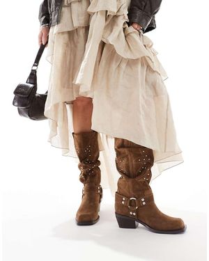 Stradivarius Real Suede Slouchy Western Boot With Studs - Natural