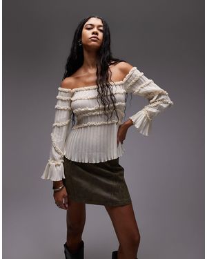 laagam Petra Off Shoulder Sheer Textured Blouse - Grey