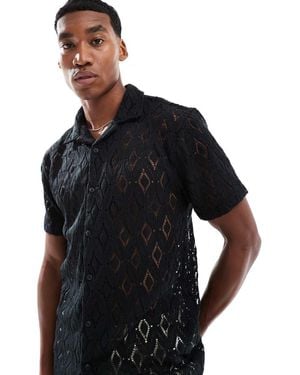 Brave Soul Geometric Crochet Short Sleeve Shirt - Black