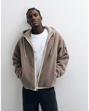 Calvin Klein Badge Sherpa Funnel Neck Zip Up Hoodie - Grey