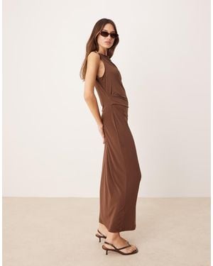 Mango Cinched Waist Maxi Dress With Gold Accent Shoulder - Natural