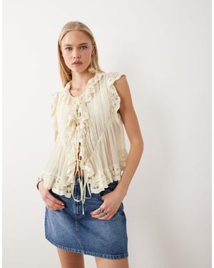 Miss Selfridge Chiffon Tie Front Lace Trim Blouse - White