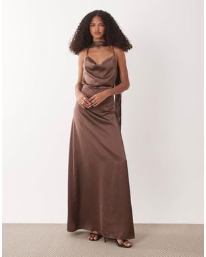 Jdy Cowl Neck Satin Maxi Dress With Open Back And Scarf - Brown