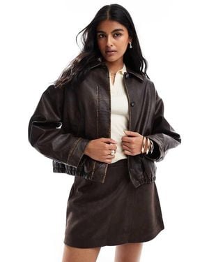 ASOS Vintage Wash Leather Look Bomber Jacket - Black