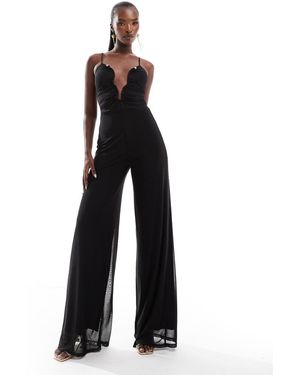 ASOS Mesh Cami Wide Leg Jumpsuit With Curvy Neckline - Black