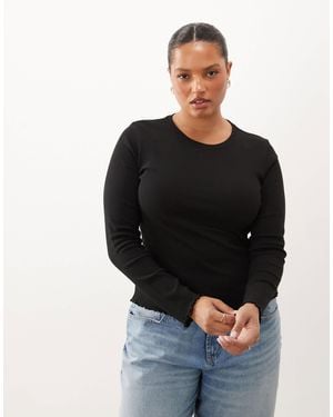 Brave Soul Brave Soul Curve Long Sleeve Ribbed Top With Lettuce Hem - Black