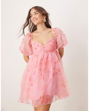 LACE & BEADS Sheer Sleeve Organza Mini Dress - Pink