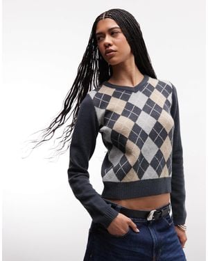 Daisy Street V Neck Thin Knit Argyle Top - Blue