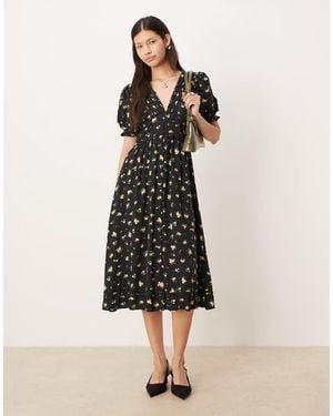 Nobody's Child V-neck Puff Sleeve Button Front Midi Dress - Natural