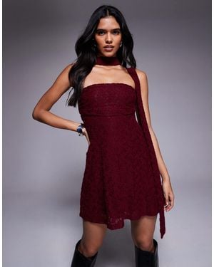 The Frolic Exclusive Lace Ruched Bust Detail Bandeau Flippy Hem Mini Dress With Scarf Detail - Red