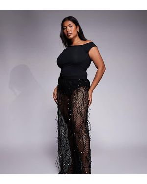 Jaded Rose Plus Pantalones Negros Con Braguitas De Tejido Calado Transparente Con Flecos Y Lentejuelas De