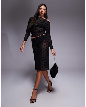 ASOS Falda Midi Negra Con Patrón De Lunares Flocados De Malla Transparente De - Negro