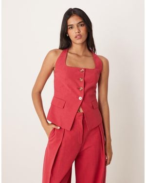 Mango Cotton Mix Halter Neck Waistcoat Co-ord - Red
