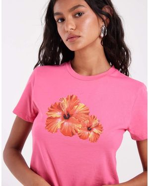 Pieces Cropped Hibiscus Graphic T-shirt - Pink