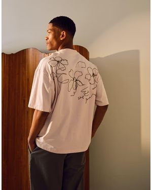 TOPMAN Premium Oversized Fit T-shirt With Front And Back Flower Sketch Embroidery - Natural