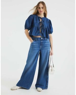 River Island Denim Puff Sleeve Top - Blue