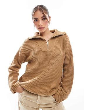SELECTED Maglione Color Cuoio Con Zip Corta - Marrone
