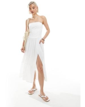 Hollister Strapless Dropped Waist Textured Midi Dress With A Slit - White