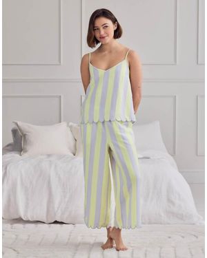 Chelsea Peers Linen Blend Scallop Edge Stripe Long Pyjama Set - Grey
