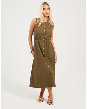 Brave Soul Sleeveless Button Down Midi Dress - Natural