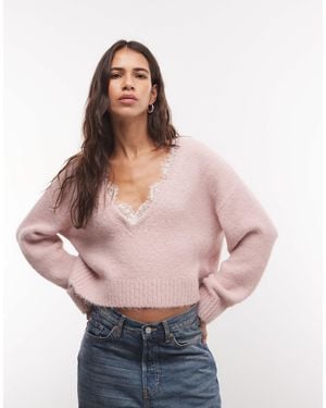 Monki Fluffy Knitted V-neck Sweater With Lace Trim - Pink