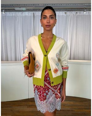 Never Fully Dressed V Neck Button Down Embroidered Knit Cardigan - Multicolour