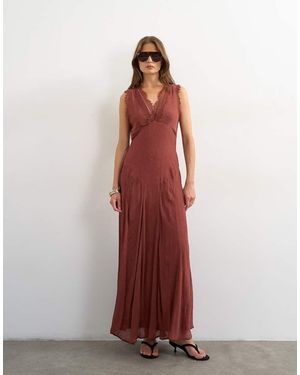 TOPSHOP Premium Viscose Lace Insert Pintucked Maxi Tea Dress - Red