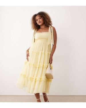 Lace & Beads Plus Bridesmaid Bow Shoulder Tulle Midi Dress - Natural