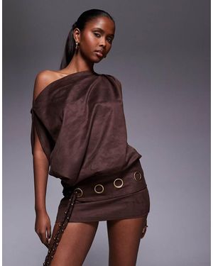 Murci Faux Suede Off-shoulder Fold-over Top Eyelet Belt Detail Mini Dress - Purple