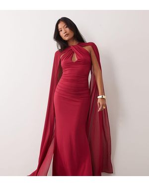TFNC London Slinky Keyhole Drape Detail Cape Sleeve Maxi Dress - Red
