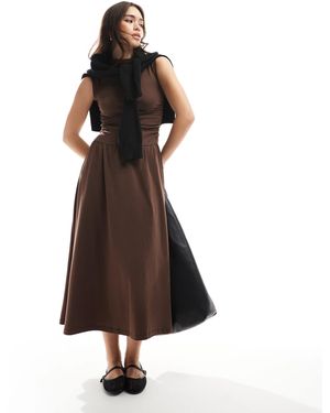 Stradivarius High Neck Drop Waist Midi Dress - Brown