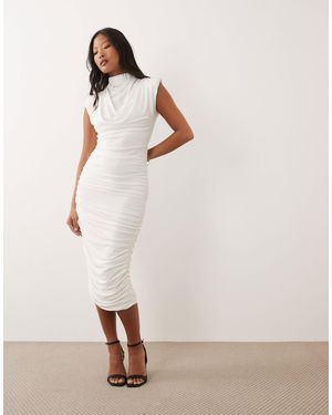 TFNC London High Neck Padded Shoulder Midi Dress - Natural