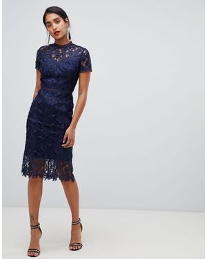 Chi Chi London High Neck Lace Pencil Dress - Blue