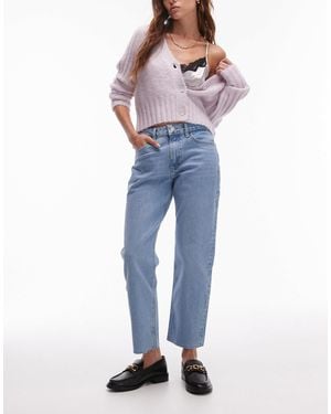 TOPSHOP Mid Rise Straight Cropped Jeans With Raw Hems - Blue