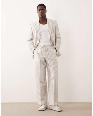 ASOS Wide Leg Linen Blend Suit Trousers With Elastic Waist - Natural